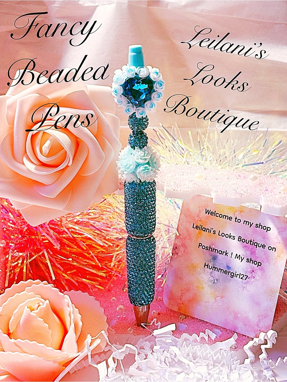 Aqua Teal Beaded Decorative Pen with Heart Accent/ Fancy beaded Pen/gifts